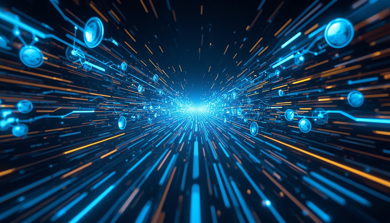 High-speed digital light trails representing millisecond financial transactions.