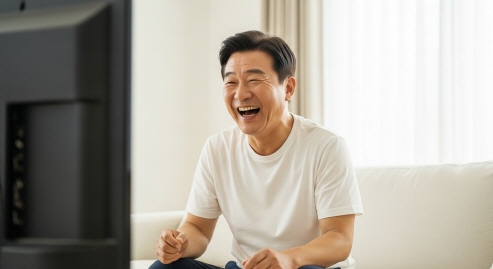 중년 남성이 드라마 장면을 보고 웃는 모습