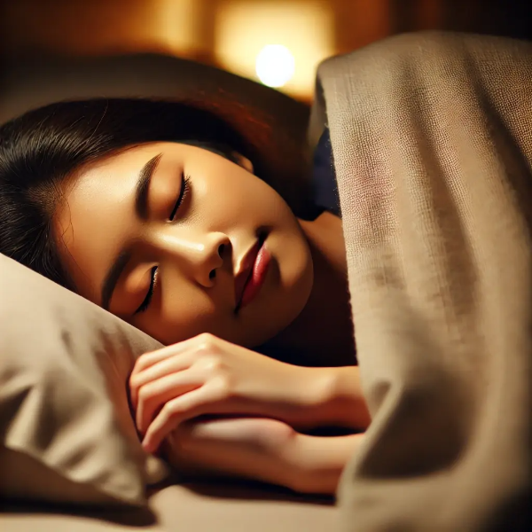 침대에서 따뜻하게 이불을 덮고 평온하게 잠든 동양인 여성의 모습