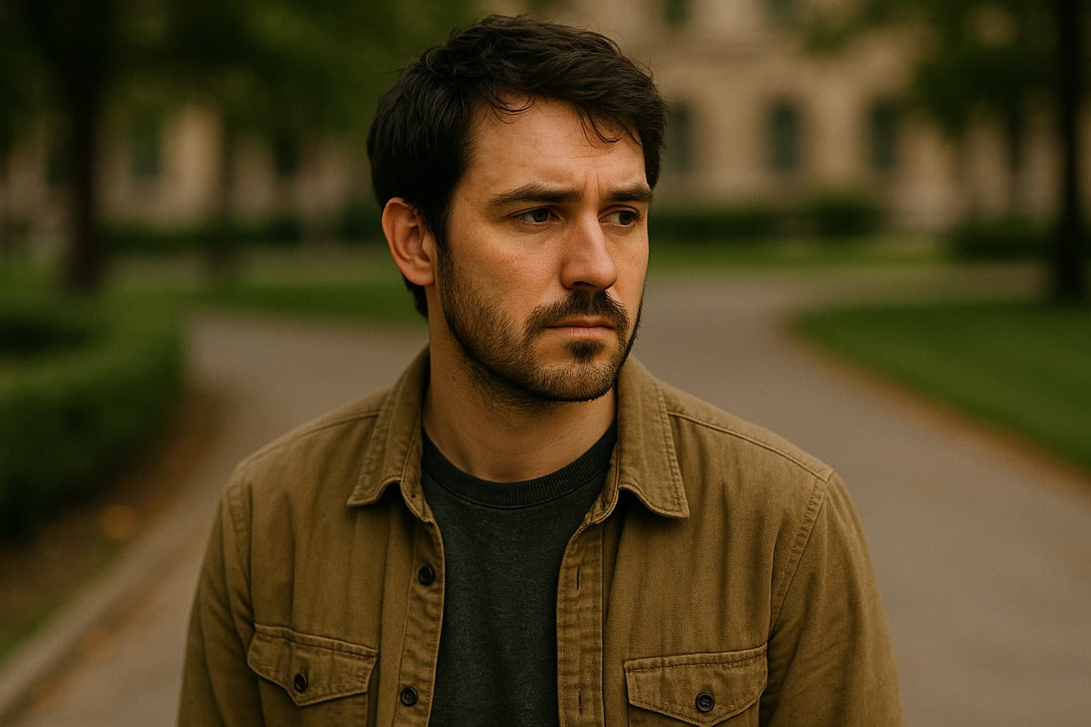 자연 속에서 사색하는 듯한 남성의 표정, 내면의 감정을 간직한 ISFP 성향을 나타낸 인물 사진