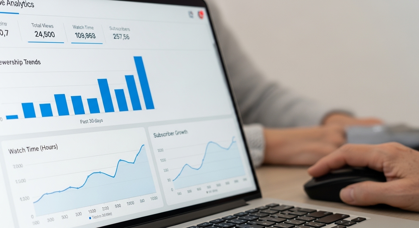 유튜브 스튜디오 분석 화면에 조회수와 시청 시간이 증가하는 그래프가 표시된 노트북 화면