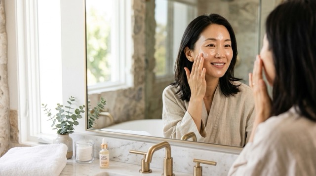 피부 케어 중인 40대 한국 여성