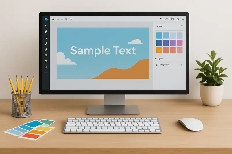 컴퓨터 모니터에 디자인 편집 프로그램이 실행된 모습. 샘플 텍스트, 색상 팔레트, 레이어 패널 등 디자인 작업 환경이 깔끔하게 정돈된 책상 위에 배치되어 있어 미리캔버스 디자인 공유와 협업 환경을 상징적으로 보여줍니다.