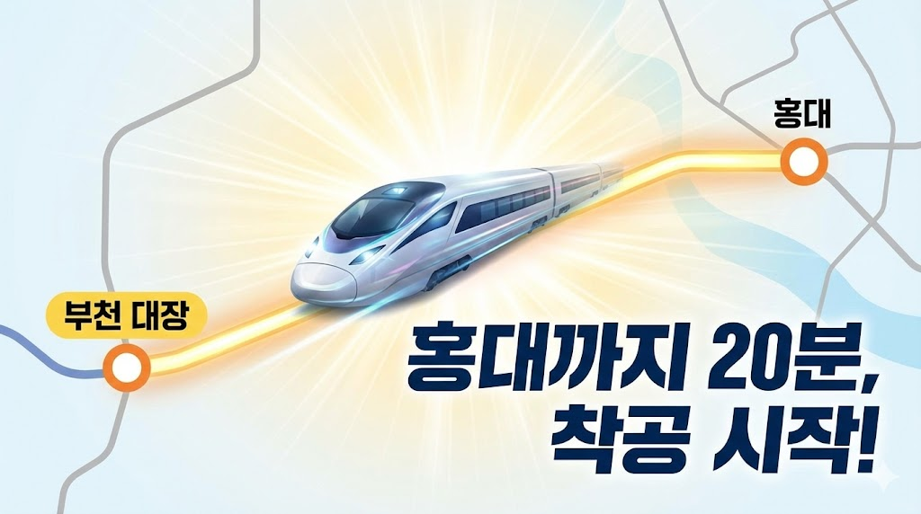 대장홍대선 착공을 알리는 역동적인 썸네일입니다. 부천에서 홍대까지의 노선을 질주하는 고속 열차와 핵심 문구를 통해 기대감을 높입니다.