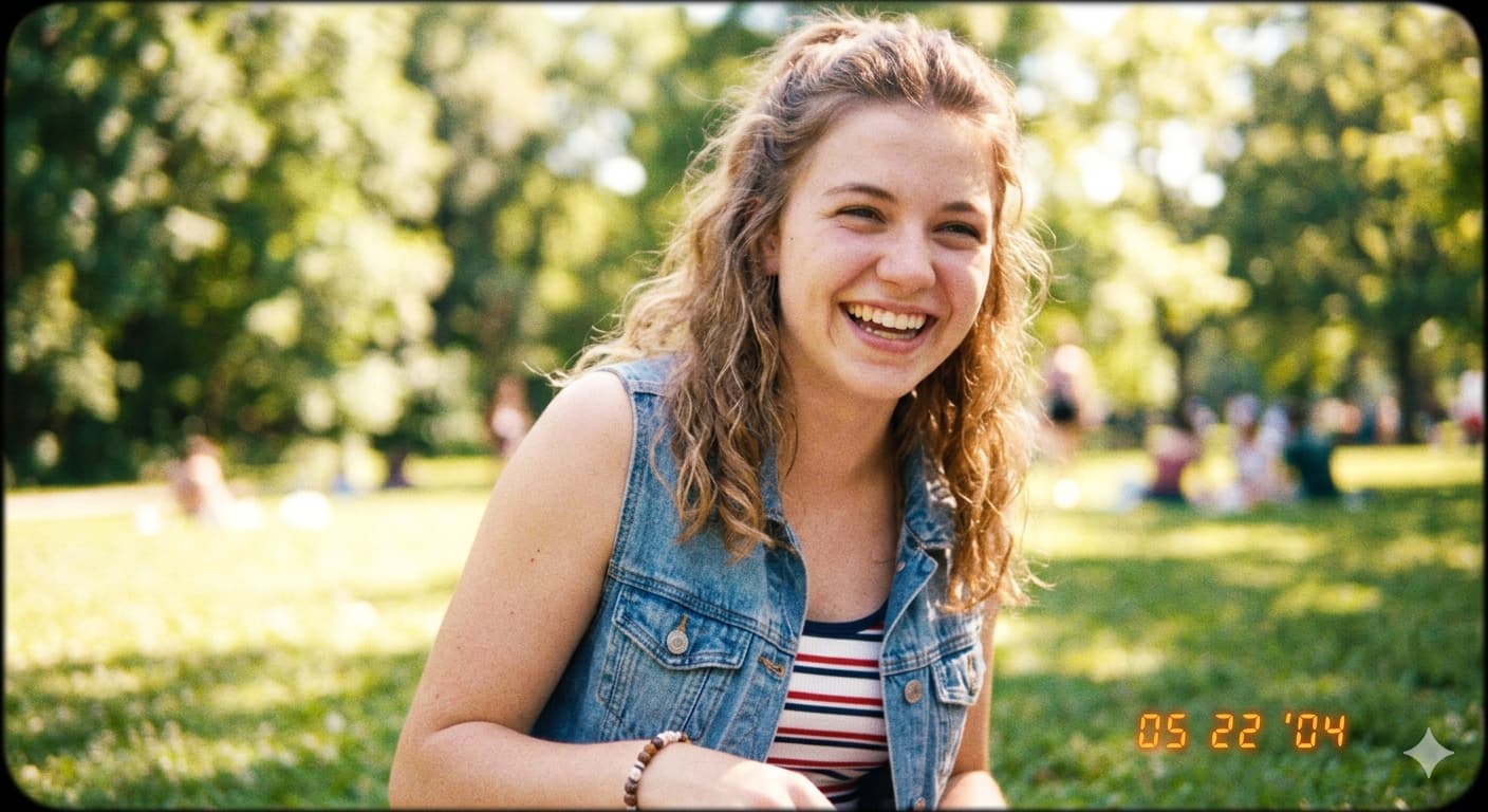 산요 작티 빈티지 디지털 카메라로 촬영된 듯한 부드러운 색감의 인물 스냅 사진. 우측 하단에 주황색 날짜 각인이 포함된 2000년대 빈티지 디카 스타일의 결과물.