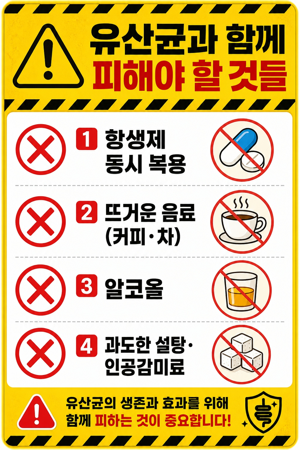 유산균과 함께 피해야 할 항생제&middot;커피&middot;알코올 등을 X 아이콘으로 표시한 경고