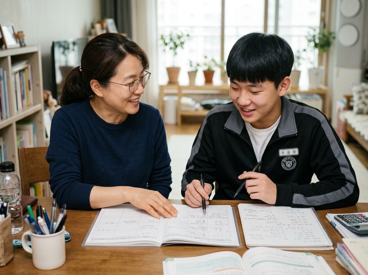 학부모와 고등학생 자녀가 오답 노트를 보며 대화하는 모습