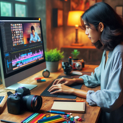 조용한 공간에서 영상 편집을 하고 있는 여성.