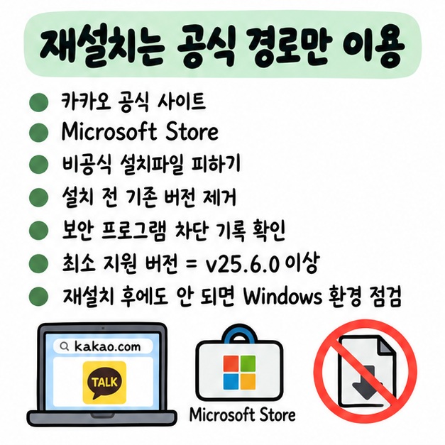 공식 사이트나 Microsoft Store에서 최신 버전을 설치하고 오래된 Windows와 보안 프로그램·관리자 정책을 확인하는 주의 카드