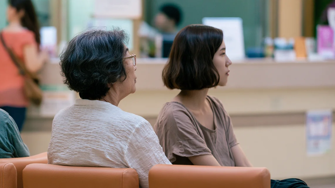 병원 대기실 접수창구 앞에서 조용히 순서를 기다리는 사람들