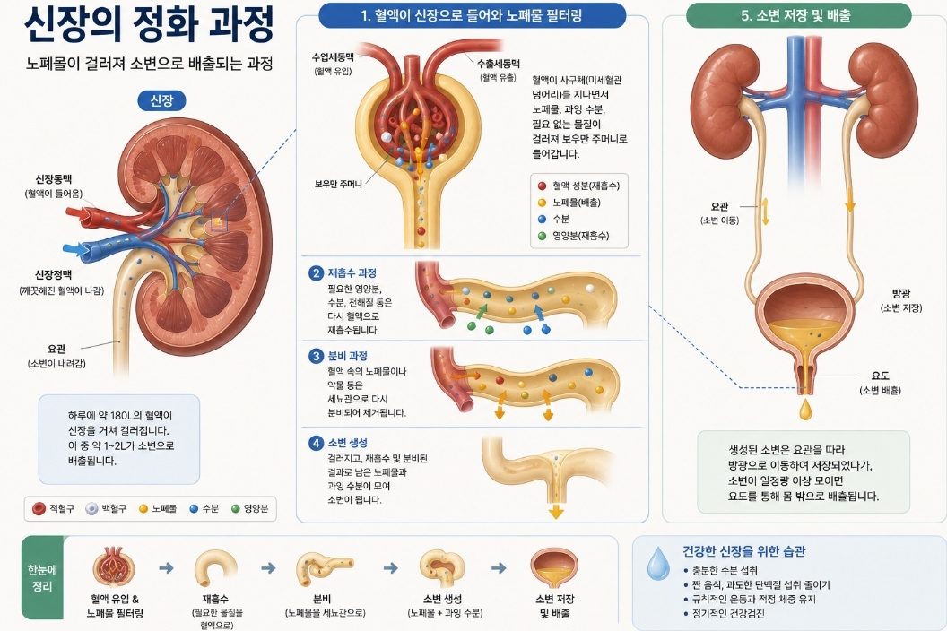 신장의 정화 과정, 노폐물이 걸러지는 과정, 크레아티닌 검사