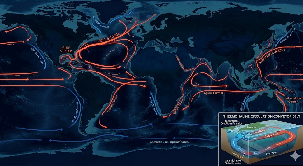 지구 전체 해류 순환 지도 &mdash; 표층 해류와 심층 열염순환 흐름 도식