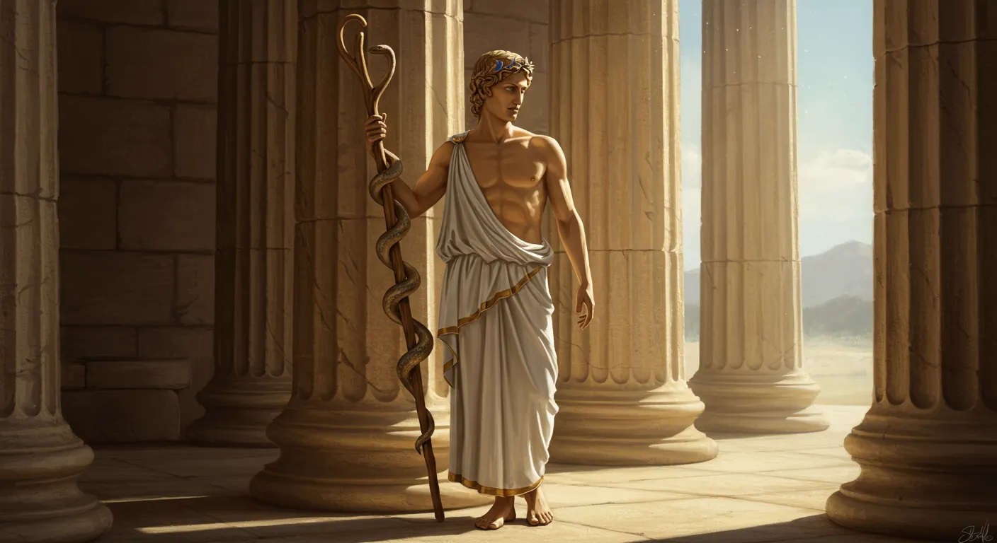 아스클레피오스가 뱀이 감긴 지팡이를 들고있는 모습