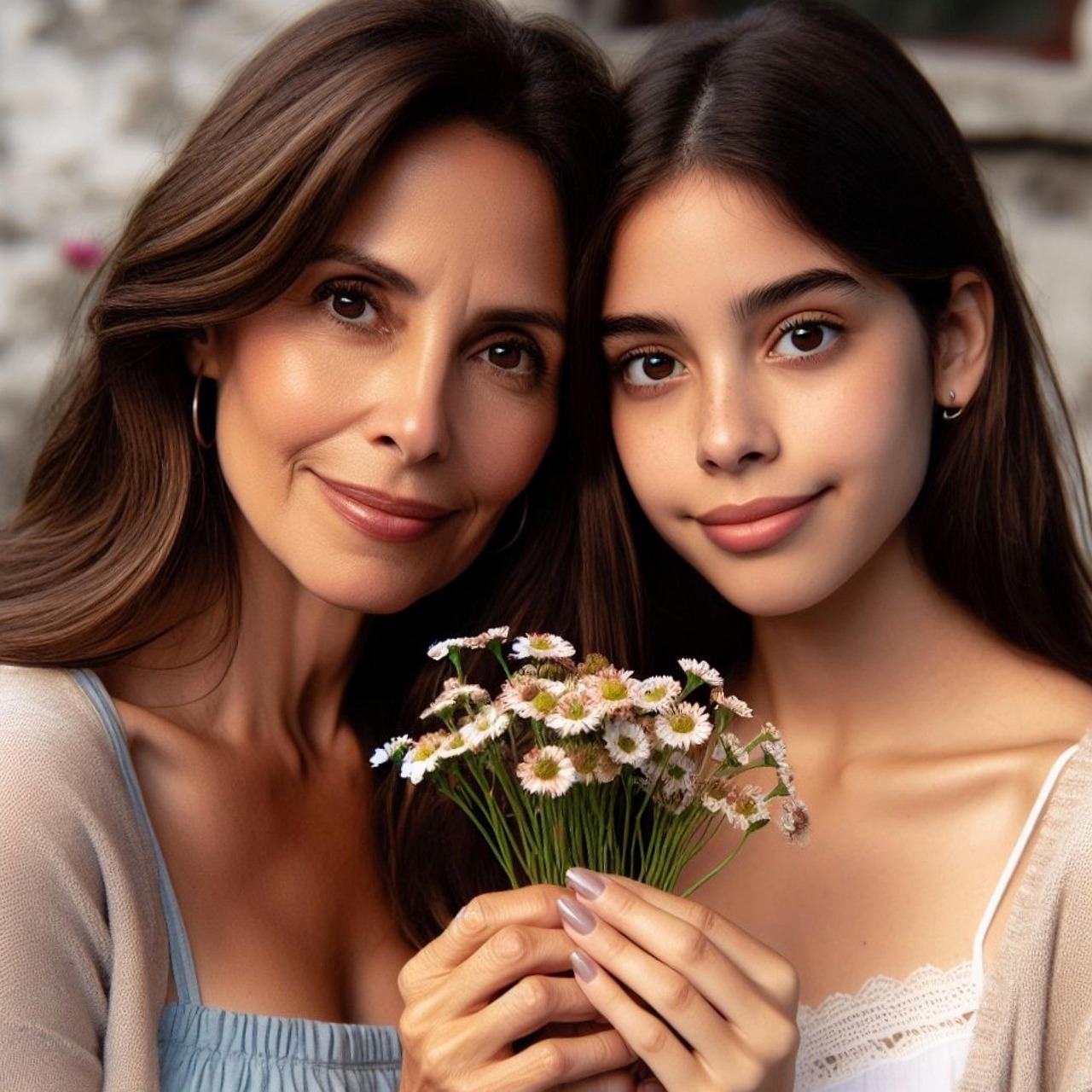 엄마와 성인이 된 딸이 가운데 꽃을 같이 들고 찍은 인물사진