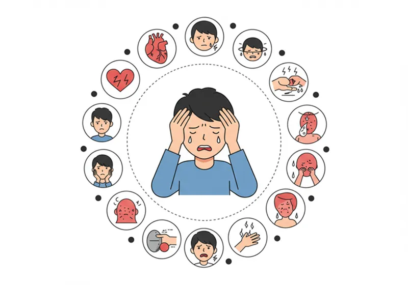 공황 발작의 다양한 신체 및 정신 증상을 나타내는 아이콘들이 원형으로 배치되어 있고, 중앙에는 불안한 표정의 사람이 머리를 감싸 쥐고 있는 모습. 의학적 일러스트레이션 스타일.