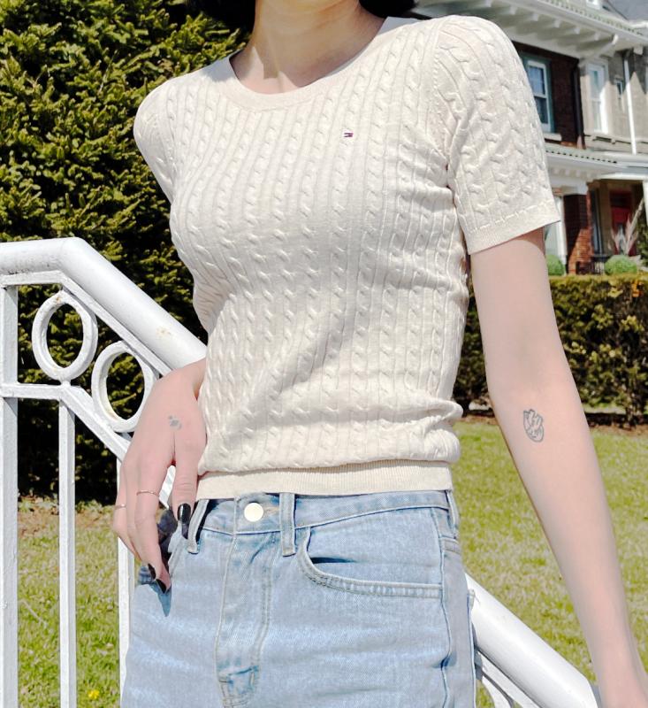 미국 오늘 출발 타미힐피거 여성 플래그 로고 꽈배기 케이블 반팔 니트 스웨터 19컬러