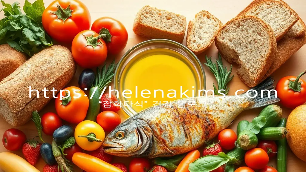 신선한 채소, 과일, 통곡물 빵, 엑스트라 버진 올리브오일, 구운생선 등 지중해 건강 식단이 탁자에 놓여 있는 모습.