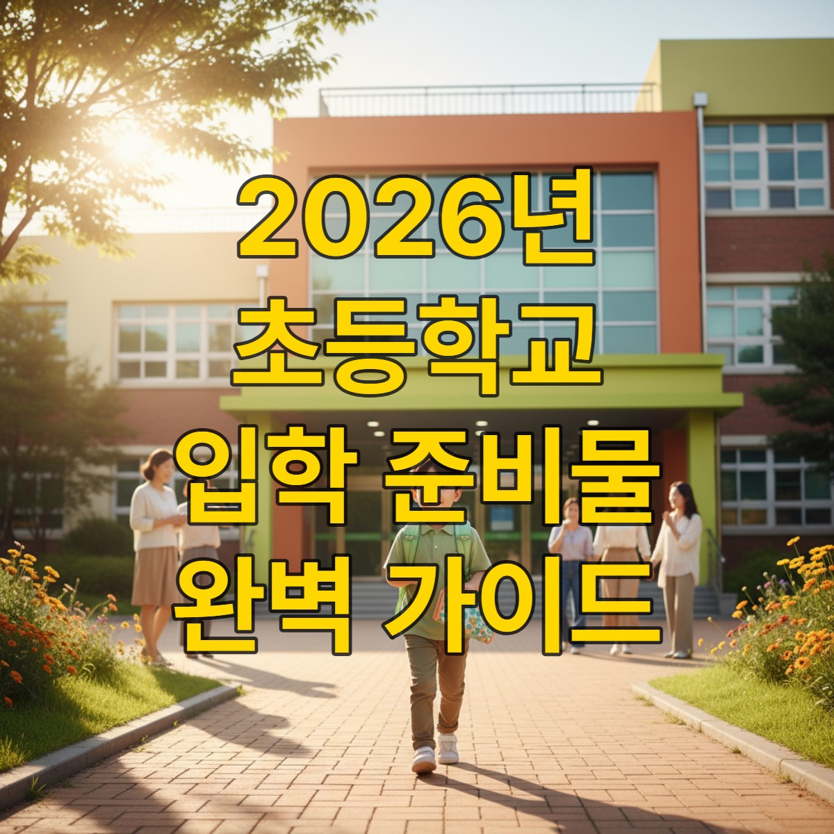 2026년, 밝은 미소를 지으며 초등학교 교문으로 들어서는 아이와 설레는 부모들의 모습. 초등학교 입학의 새로운 시작을 상징하는 따뜻하고 희망찬 풍경.
