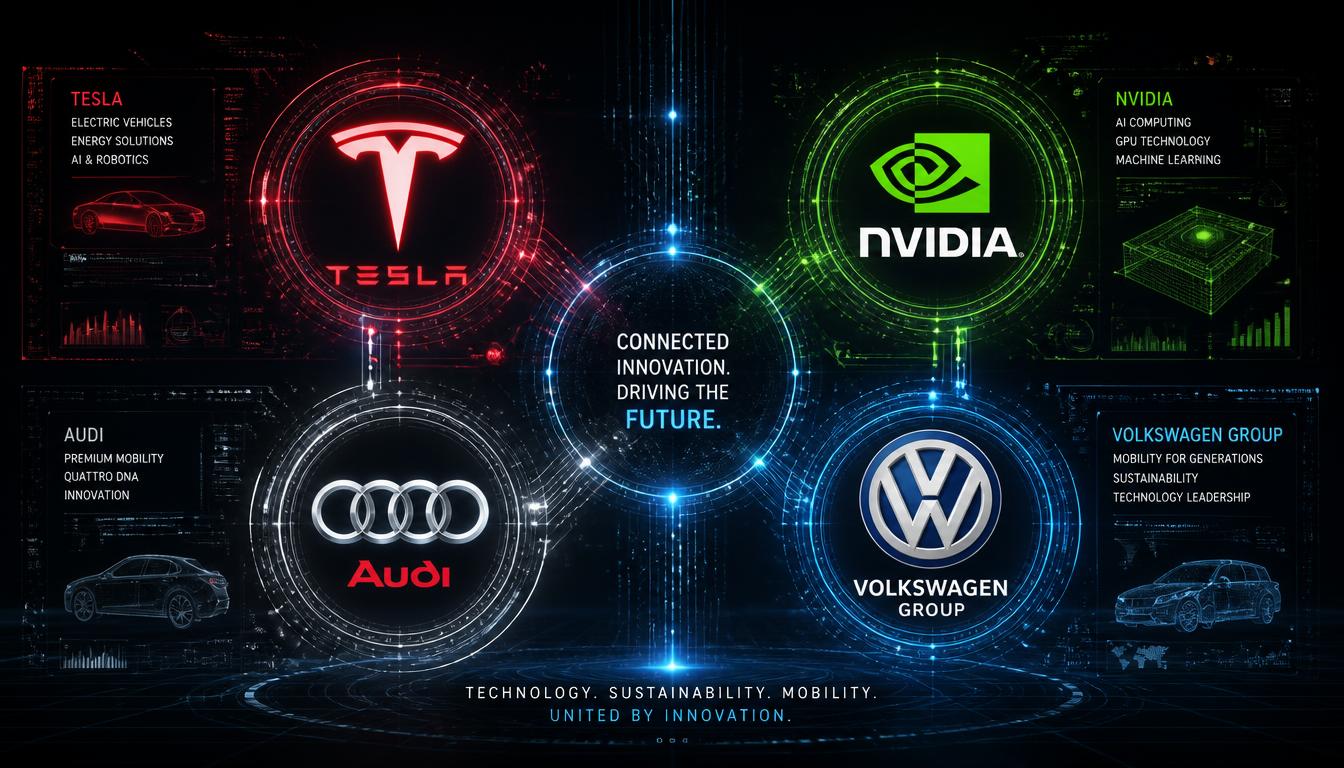 A high-tech digital graphic displaying the brand logos of Tesla, NVIDIA, Audi, and Volkswagen Group in a connected network.