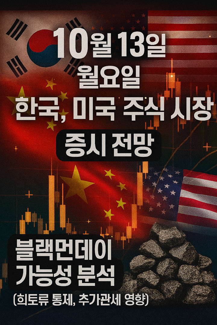 10월 13일 월요일 한국, 미국 주식 시장, 증시 전망, 블랙먼데이 가능성 분석(희토류 통제, 추가관세 영향)