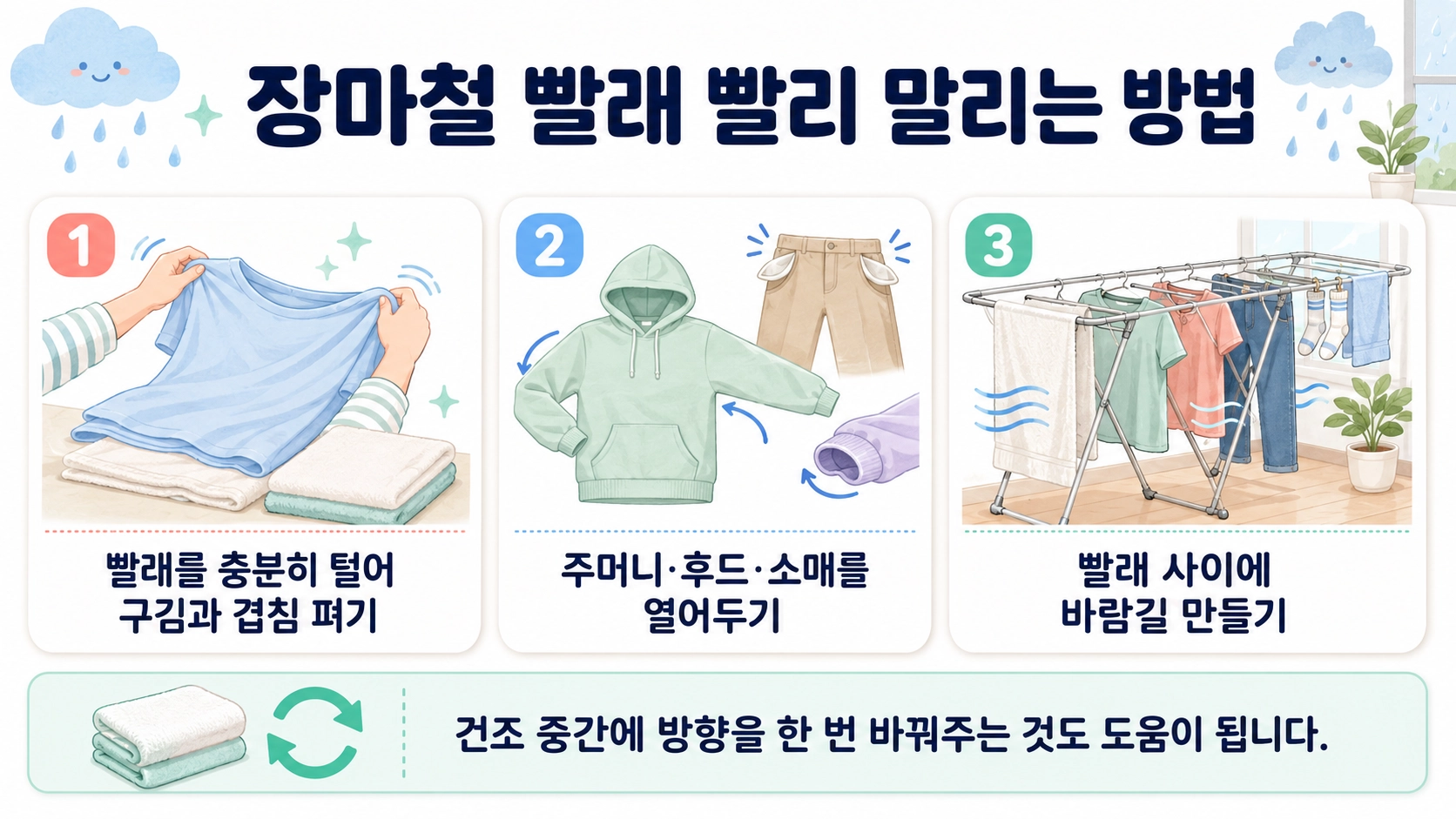빨래를 털어 펴고 주머니와 후드를 열며 바람길을 만드는 세 가지 실천 방법