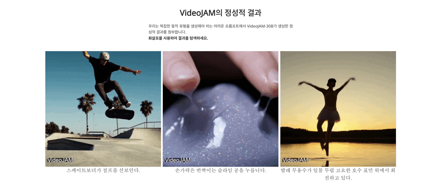 VideoJAM 결과물 (출처 : VideoJAM 공식 문서)