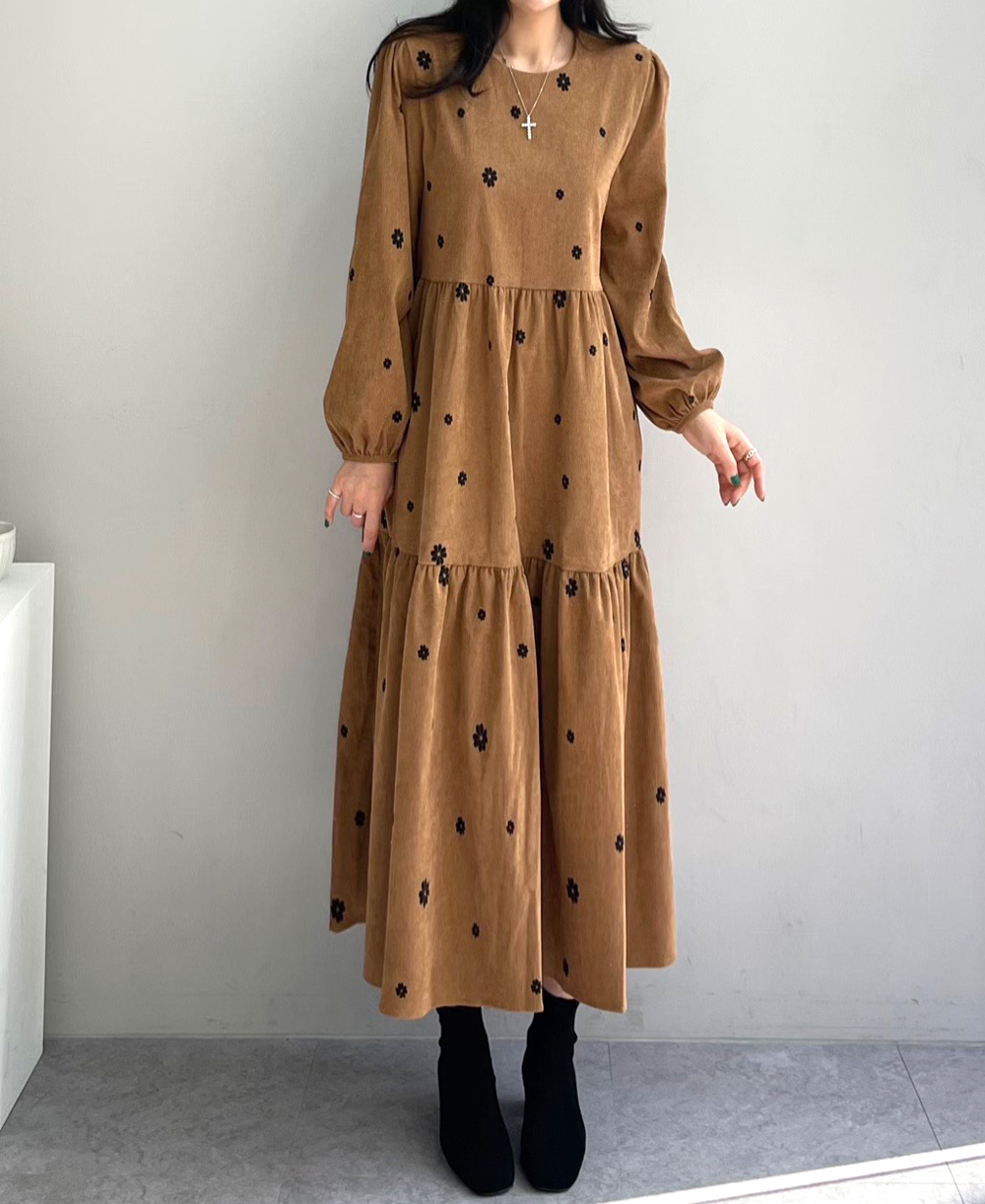 플라워 코듀로이 캉캉 겨울 롱원피스