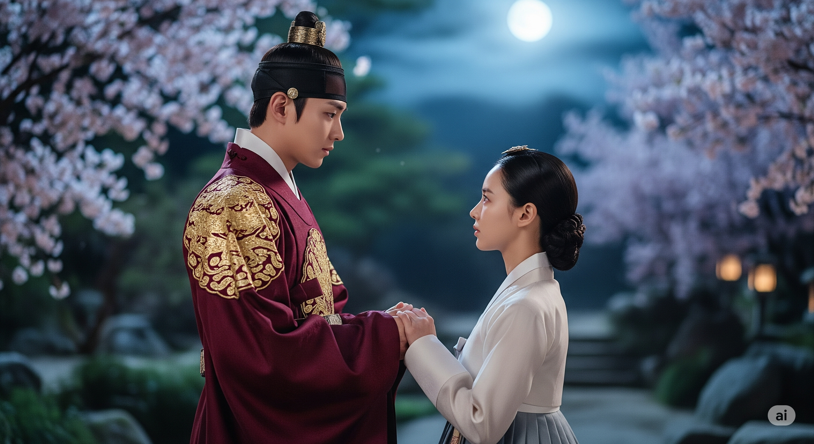 Under the moonlight, a king gazes lovingly at his one and only woman