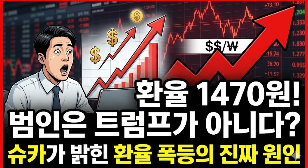 치솟는 환율 차트와 놀란 직장인의 이미지를 배경으로, "환율 1470원! 범인은 트럼프가 아니다?"라는 강력한 메인 카피와 "슈카가 밝힌 환율 폭등의 진짜 원인"이라는 서브 카피를 강조하여 클릭을 유도하는 썸네일입니다.