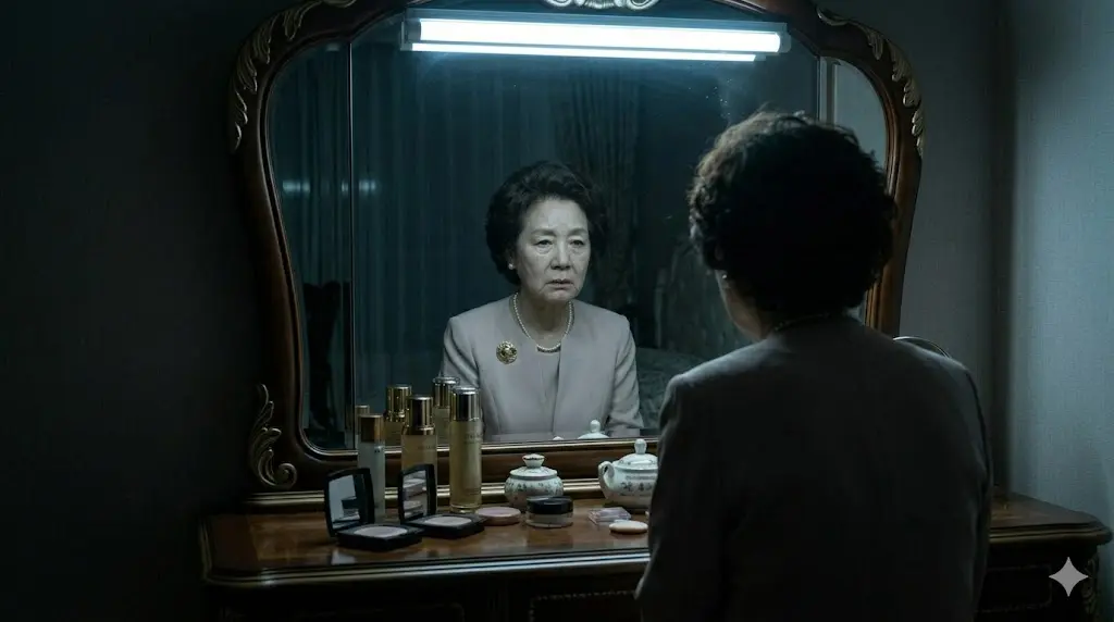 화려하고 아름답게 장식된 화장대 거울 속에 덩그러니 비친 몹시 쓸쓸하고 외로운 표정의 노인 뒷모습