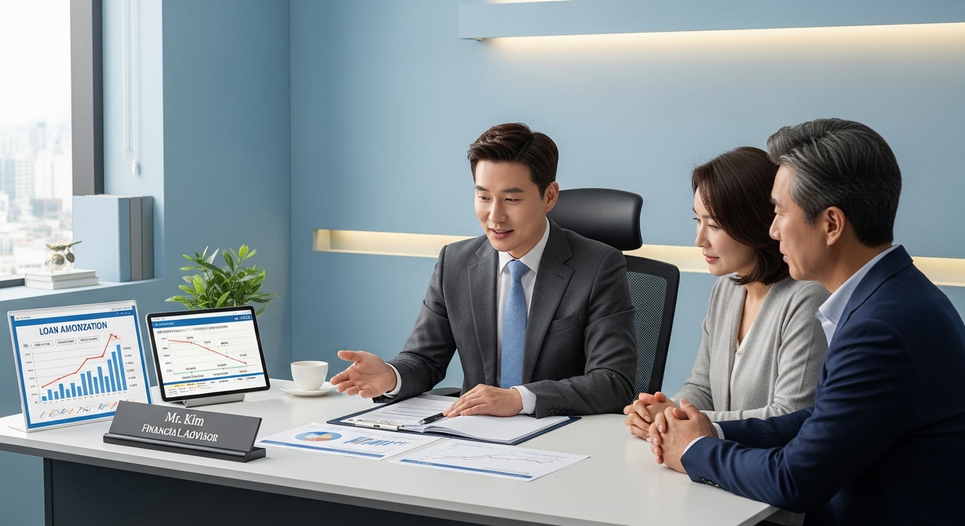 전문적인 분위기의 사무실에서 금융 상담사가 50대 부부에게 대출 및 자금 조달 계획 문서를 설명해주고 있는 모습입니다.