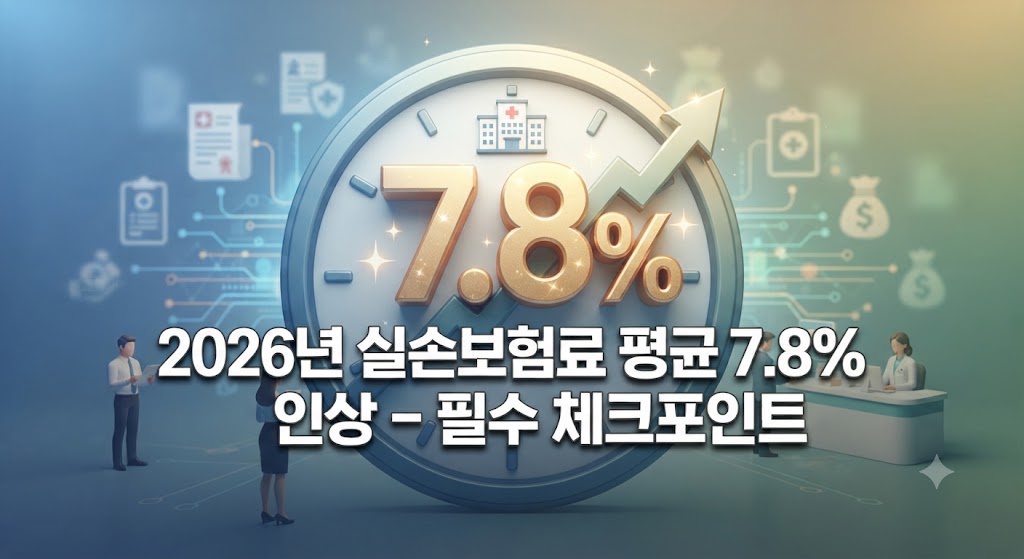 "2026년 실손보험료 평균 7.8% 인상과 필수 체크포인트를 나타내는 3D 스타일의 금융 정보 그래픽"