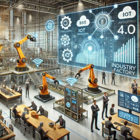 공장 내부에 IoT 센서와 자동화 로봇이 작동하는 모습
클라우드 데이터 시각화 화면과 스마트 공장 컨트롤 센터
팀 프로젝트 회의와 네트워킹하는 전문가들의 모습