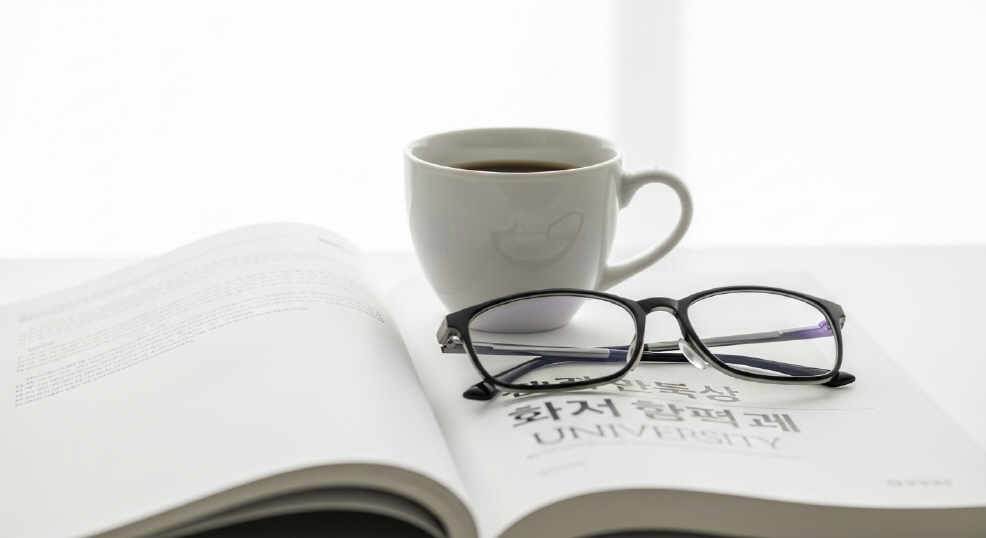 수험서 위에 놓인 커피잔과 안경