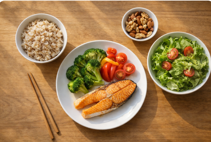 고지혈증 예방을 위한 연어구이와 현미밥, 채소, 견과류로 구성된 균형 잡힌 식단