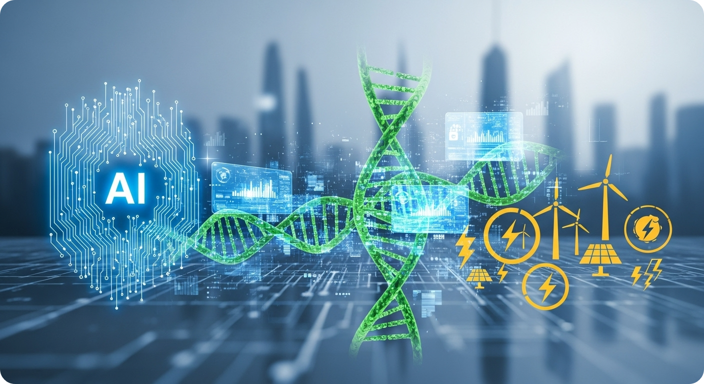 2025년 인공지능, 바이오, 차세대 에너지 기술이 융합되어 미래 시장을 이끄는 역동적인 모습