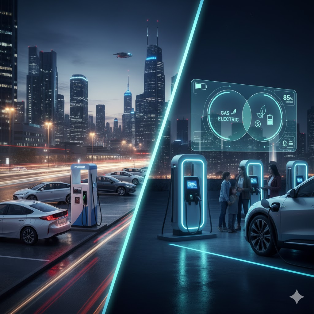 "하이브리드차와 전기차 충전소에서의 비교 장면, 미래형 도시 배경"
