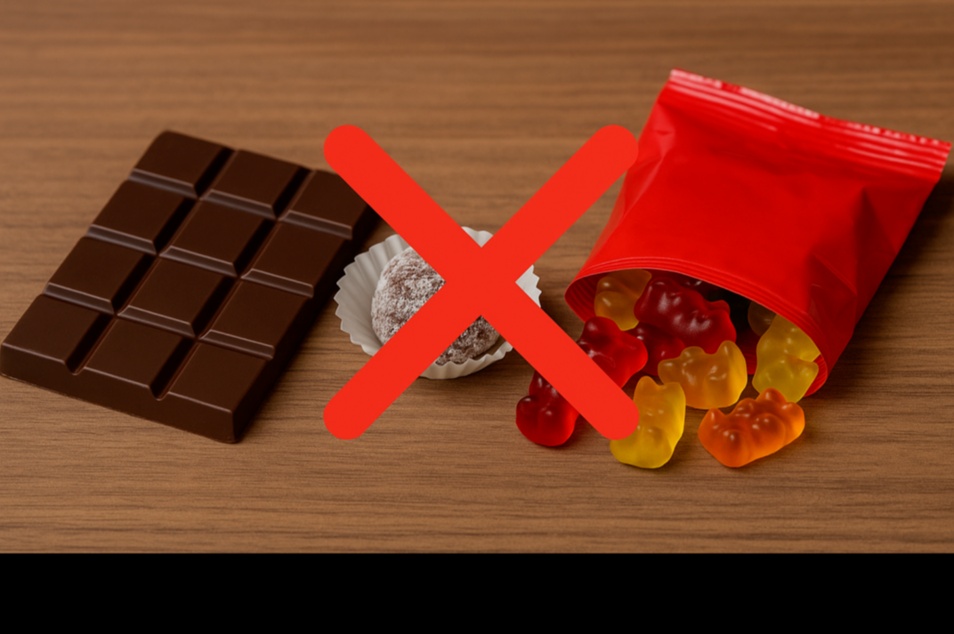 초콜릿과 젤리 간식류에 X 표시가 있는 사진, 여름철 차량 내 보관 시 녹는 식품 주의