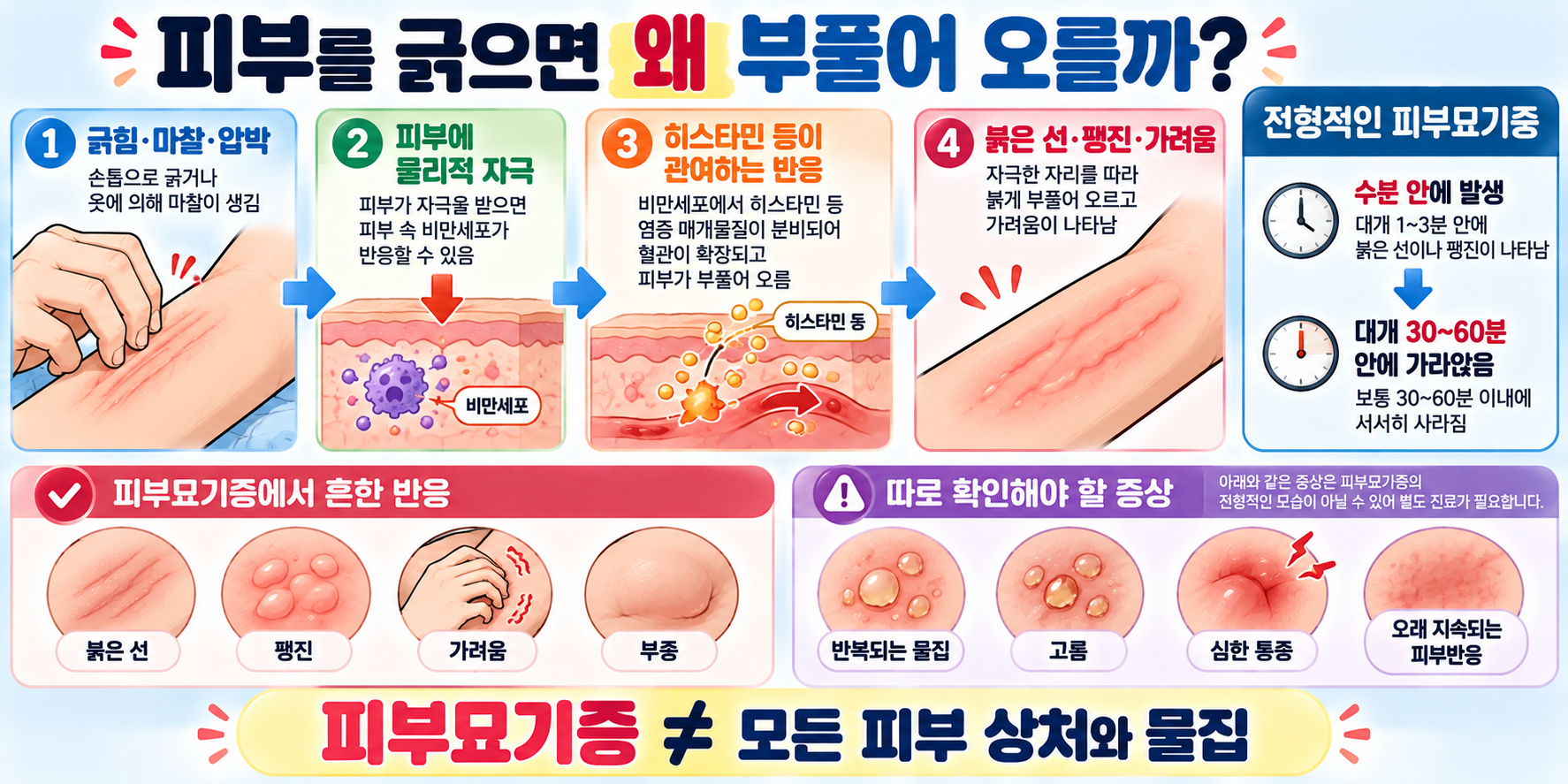 긁힘과 마찰 후 피부묘기증으로 붉은 선과 팽진 가려움이 발생하는 과정을 설명하는 인포그래픽