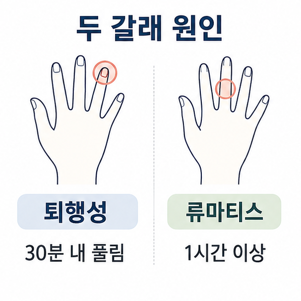 퇴행성과 류마티스 관절염 비교 도해, 끝마디 중심과 중간마디 중심의 차이를 손 그림으로 나타낸 그림