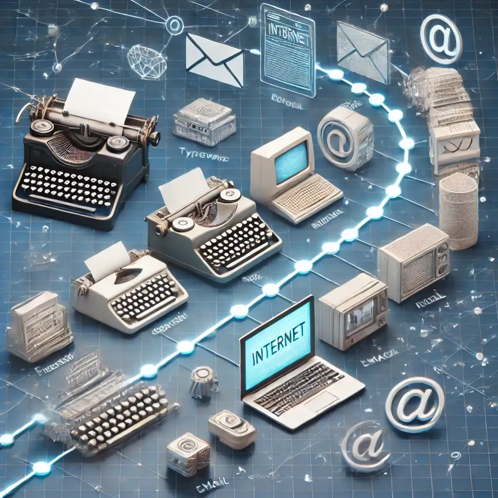 타자기부터 데스크톱, 노트북까지 인터넷 진화를 보여주는 3D 일러스트