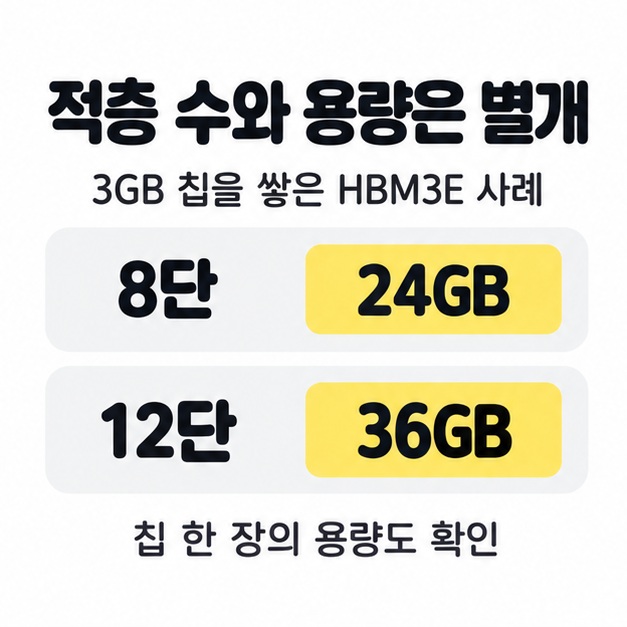 3GB 칩을 쌓은 HBM3E 사례로 8단 24GB와 12단 36GB를 비교하고 칩 한 장의 용량도 확인하도록 안내한 카드