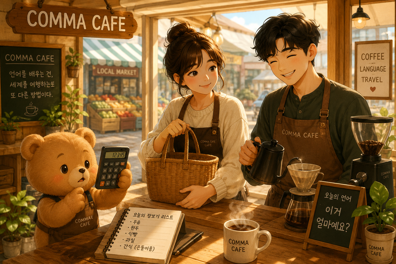 COMMA CAFE에서 장을 보러 떠나기 전, 장바구니를 든 쉼표와 커피를 내리는 푸름, 계산기를 들고 호기심 가득한 표정을 짓는 은돌이