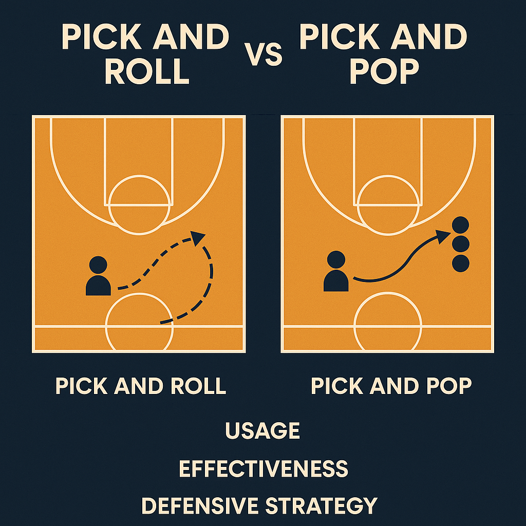 픽앤롤과 픽앤팝 전술 비교 이미지: 활용법, 효율성, 수비전략을 코트 다이어그램과 함께 시각화한 농구 전술 인포그래픽