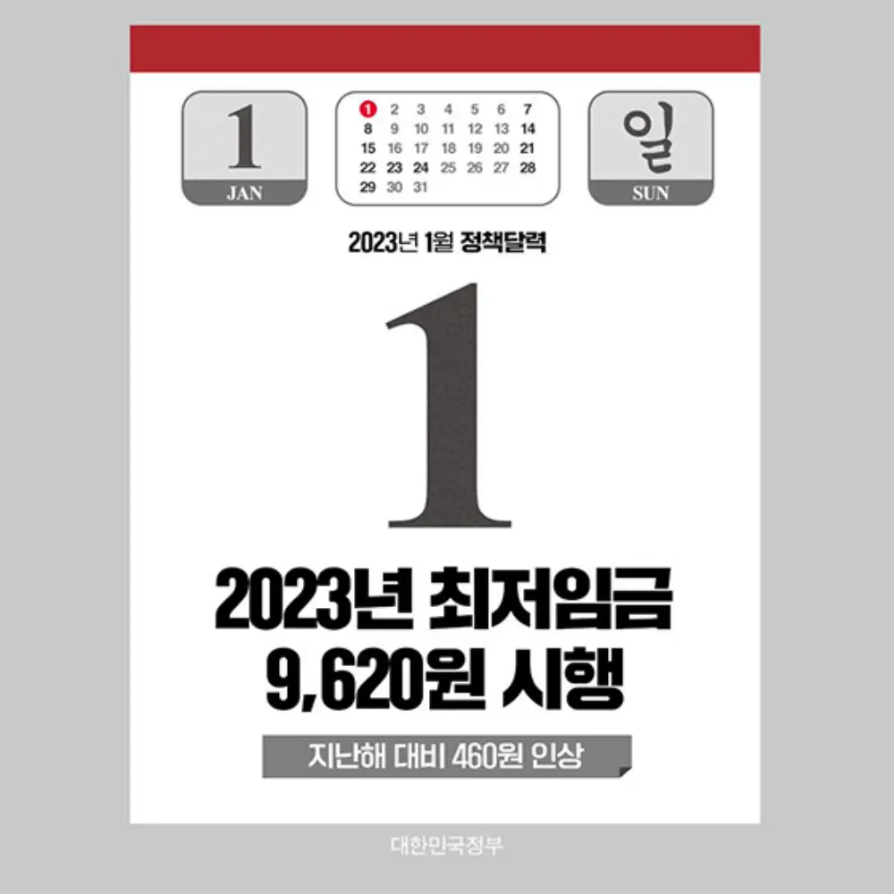 2023년 최저임금 9&#44;620원 시행 문구가 있는 달력