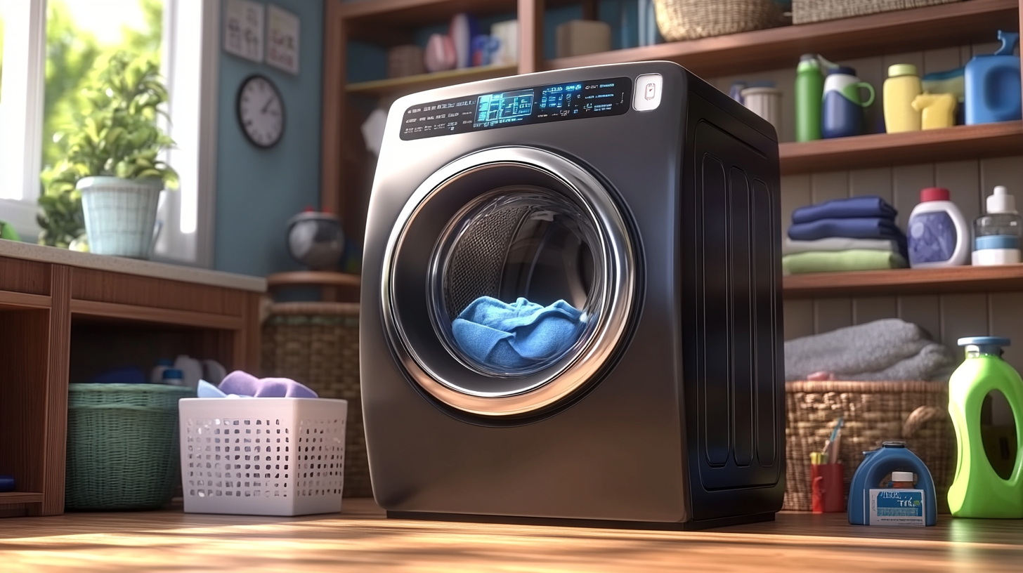 첨단 AI 기반 퍼지 로직 시스템을 갖춘 미래형 삼성 세탁기가 현대적인 한국 가정 요소로 둘러싸여 있는 모습