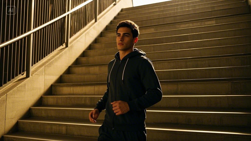 A man is walking sown the stairs.