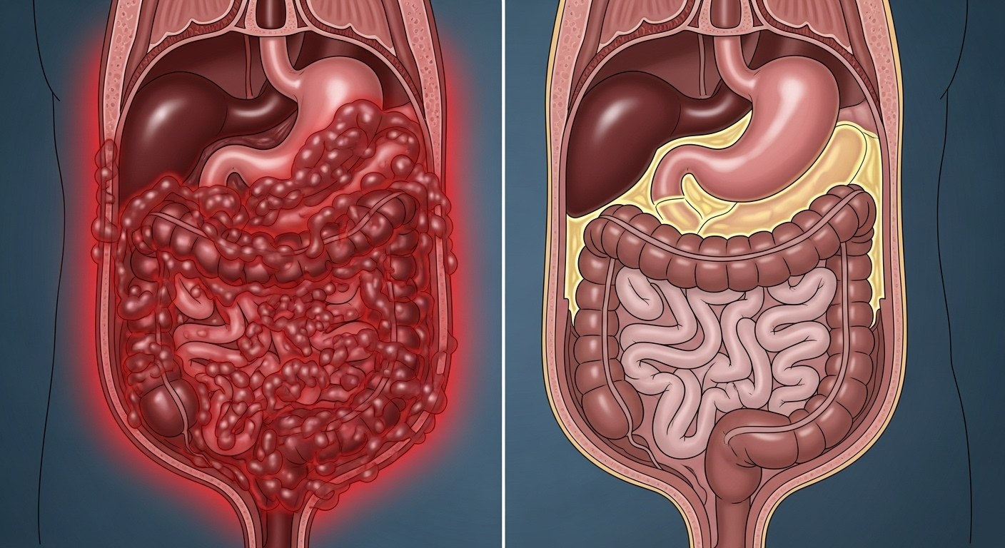 장기를 둘러싼 내장지방의 위험성을 시각적으로 보여주는 복부 해부학 일러스트레이션.