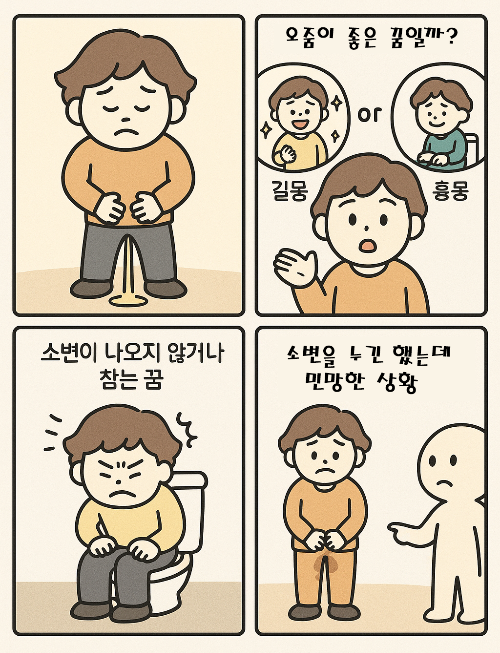 컷 만화. 첫 번째 컷에는 바지에 실수한 남자 캐릭터가 당황한 표정으로 서 있다. 두 번째 컷은 ‘길몽’과 ‘흉몽’을 설명하며 캐릭터가 손짓하며 꿈의 해석을 설명한다. 세 번째 컷은 캐릭터가 화장실에 앉아 소변을 참고 있는 모습. 네 번째 컷은 옷에 실수한 캐릭터가 다른 사람 앞에서 민망해하는 장면이 담겨 있다