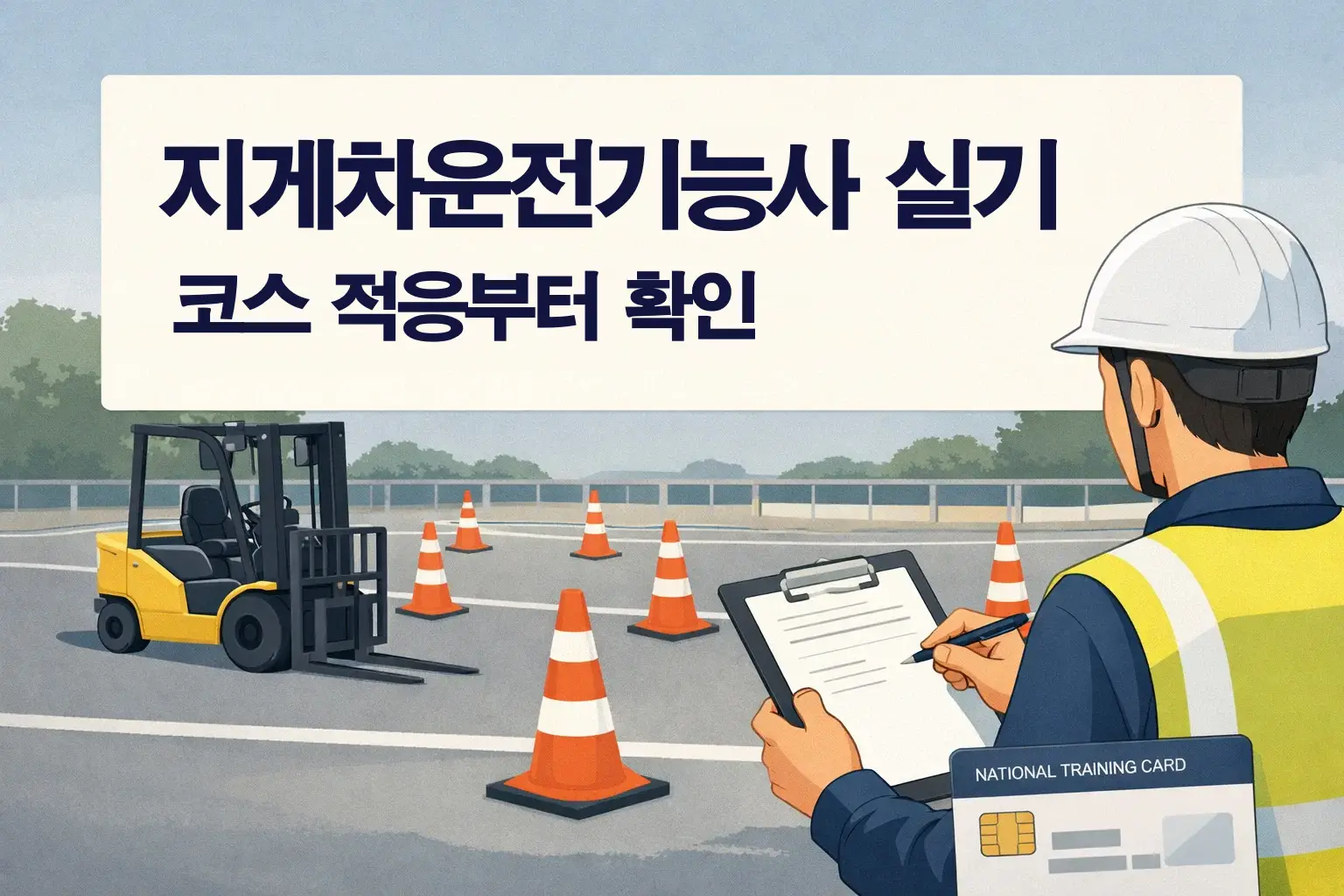 지게차운전기능사 실기 준비 시 코스 적응 흐름과 내일배움카드 확인 포인트를 함께 이해하도록 구성한 썸네일 이미지